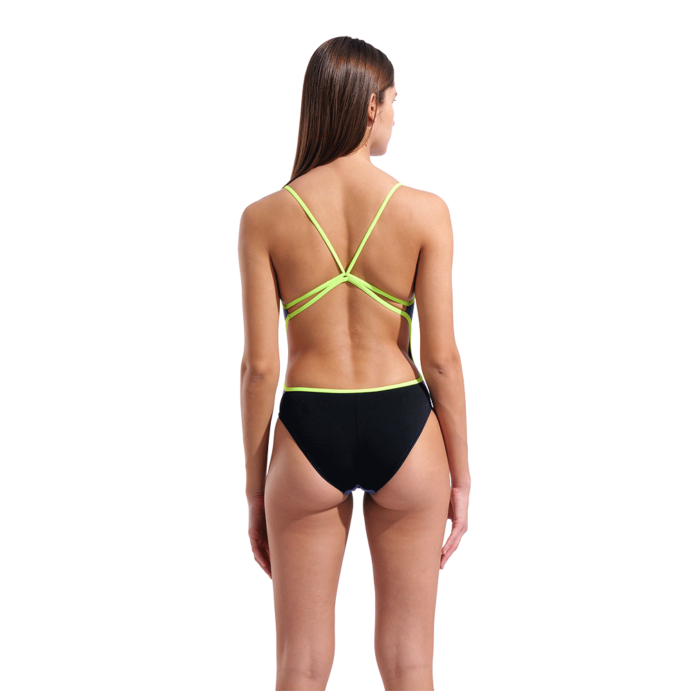 Arena Lace Back Dusk & Black Swimsuit back view showing black rear, lime trim and slim lime straps