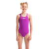 Arena Pro Solid Girls Swimsuit - Fuchsia Pink Young girl wearing a fuchsia pink swimsuit with Arena logo on a white background