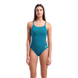 Arena Team Solid Challenge Blue & Lime Swimsuit front view showing arena logo in lime