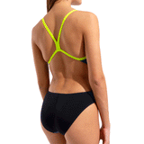Arena Team Solid Challenge Dusk & Black Swimsuit close up of back showing slim lime straps and black back