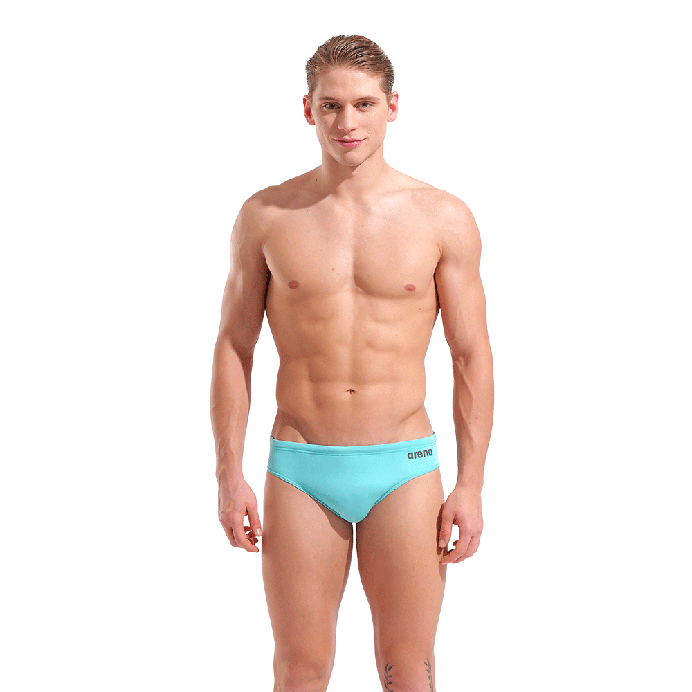 Arena Team Solid Water Blue & Grey Brief front view showing water blue panel with arena logo in grey