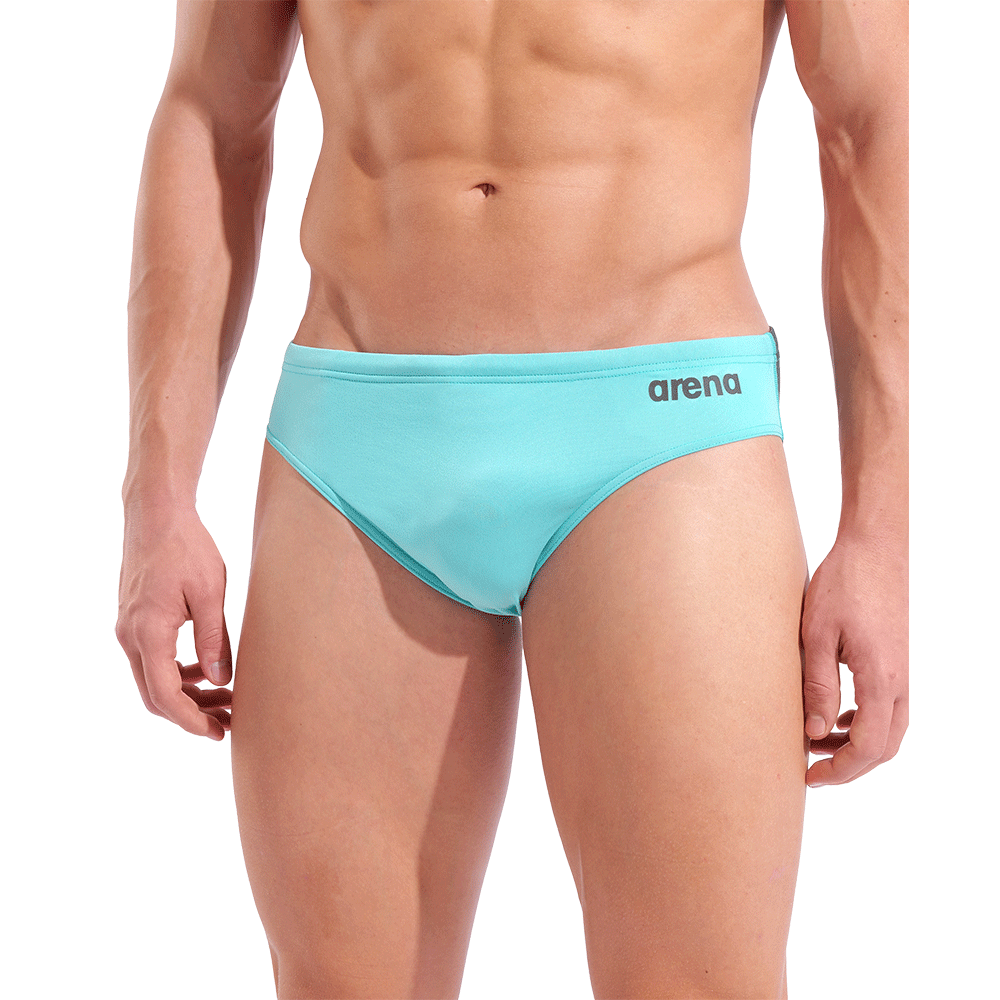 Arena Team Solid Water Blue & Grey Brief close up of front showing light water blue colour and grey arena name
