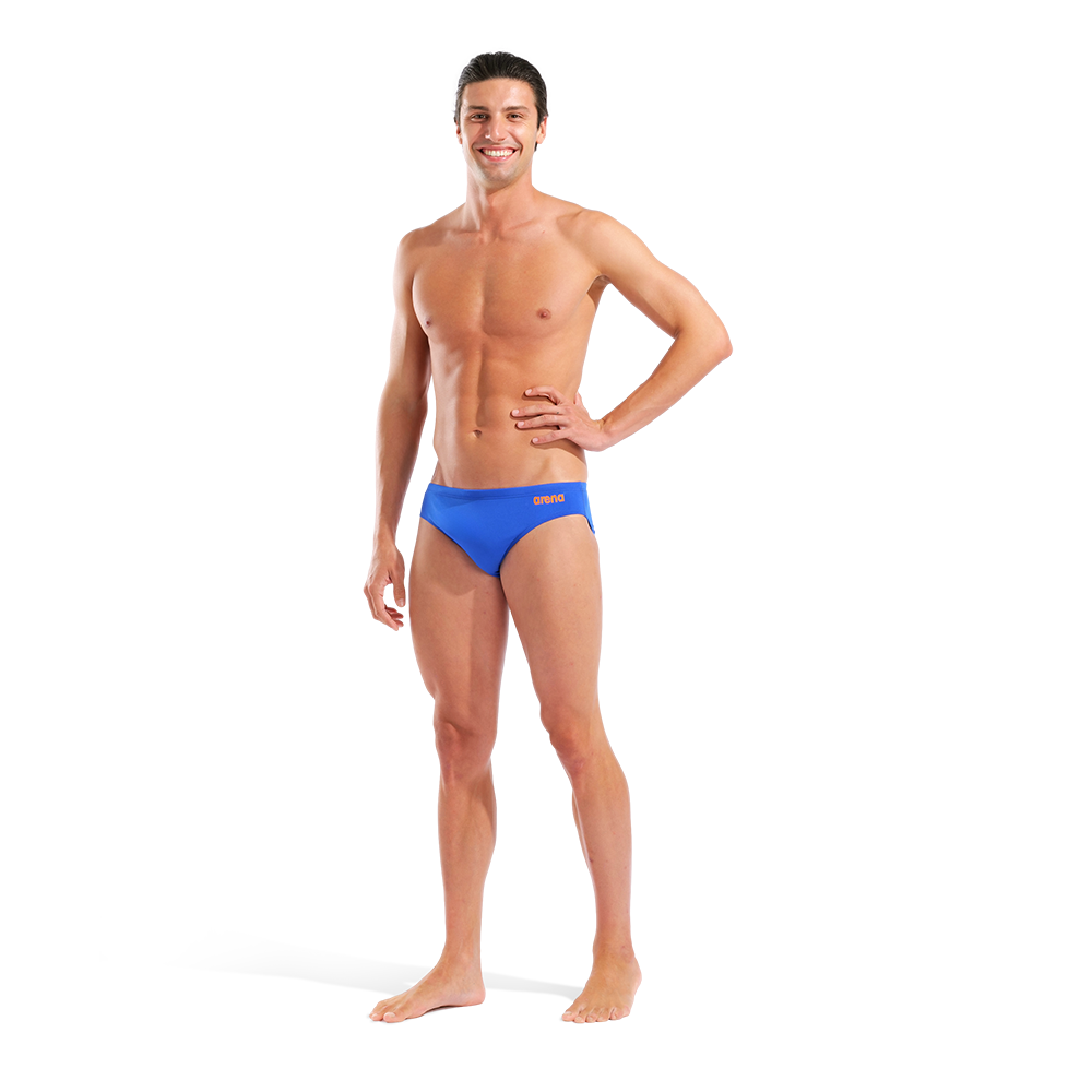 Arena Team Solid Blue & Orange Swim Brief full body view