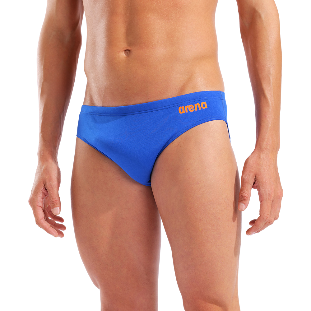 Arena Team Solid Blue & Orange Swim Brief close up front with orange logo