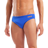 Arena Team Solid Blue & Orange Swim Brief close up front with orange logo