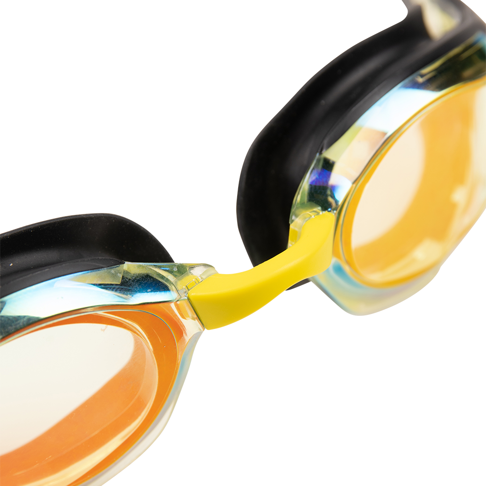 Arena Cobra Edge Swipe Mirrored Goggles - Copper / Black close up showing yellow nose bridge