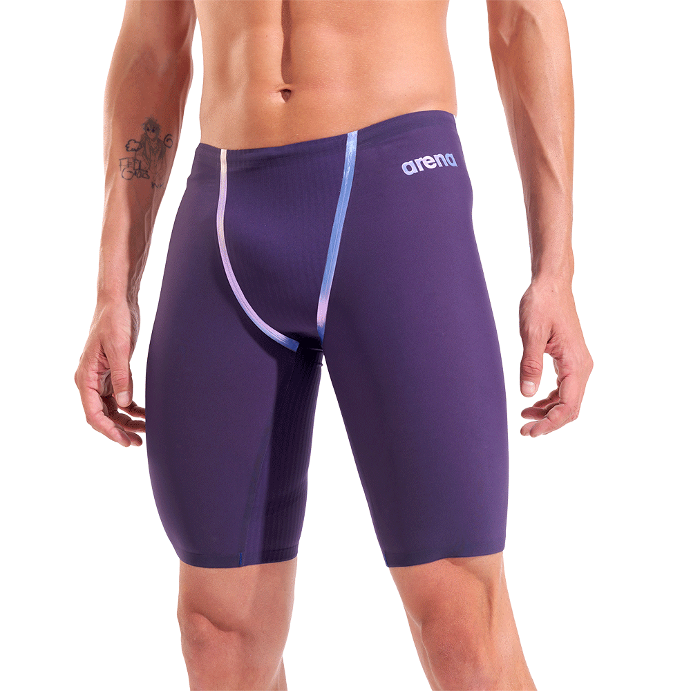 Arena Mens Powerskin Primo Jammer - Midnight Chrome front view showing holographic taping