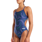 Arena Fireflow Challenge Navy/Green Swimsuit close up of front showing pattern