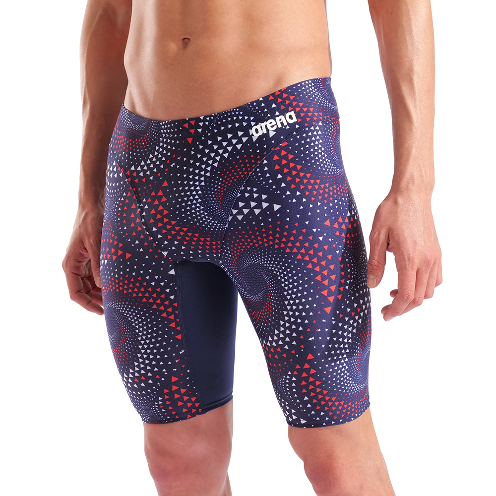 Arena Fireflow Jammer Navy — close-up detail of red and white Fireflow swirl pattern