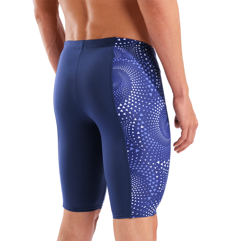 Arena Fireflow Navy men's jammer — three-quarter view showing Fireflow graphic detail and plain back panel