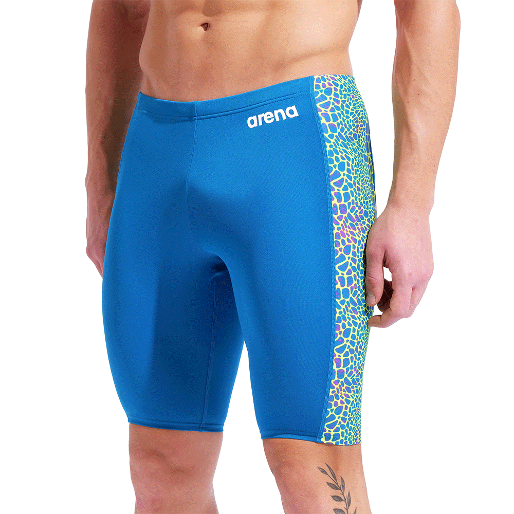 Arena Snakeskin Blue Jammer close up showing snake skin inspired side panel