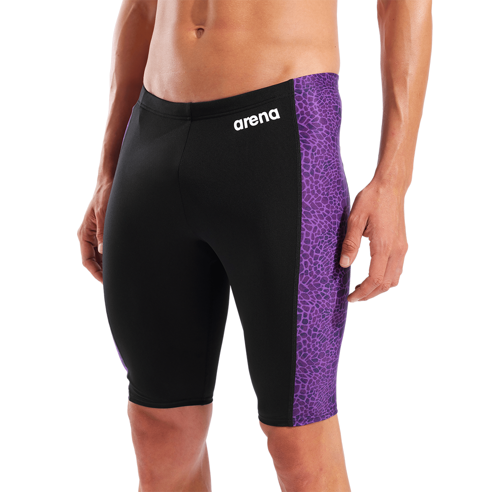 Arena Snakeskin Black and Purple Jammerclose up showing purple side panel snakeskin pattern