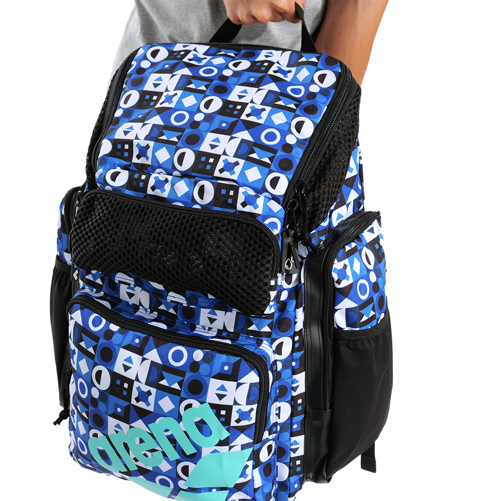Arena All Set Backpack 45 - Pieces close up showing blue , black and white geometric pattern