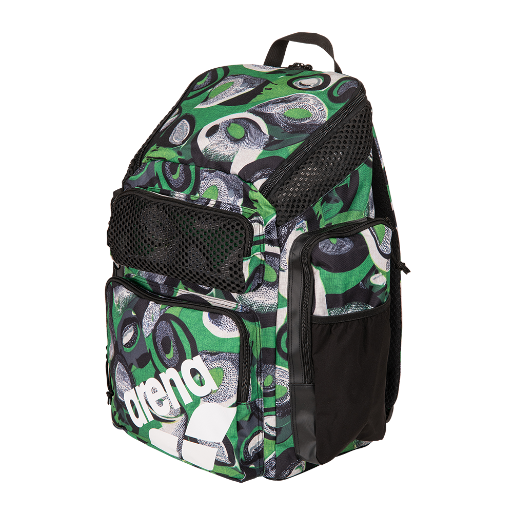 Green and black patterned backpack with arena logo on a white background