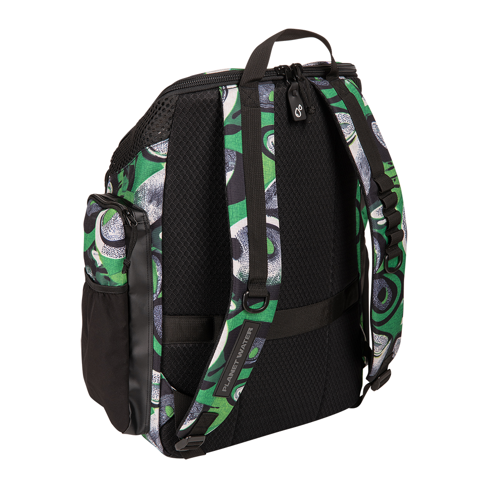 arena Kente backpack with green and black pattern rear view showing straps
