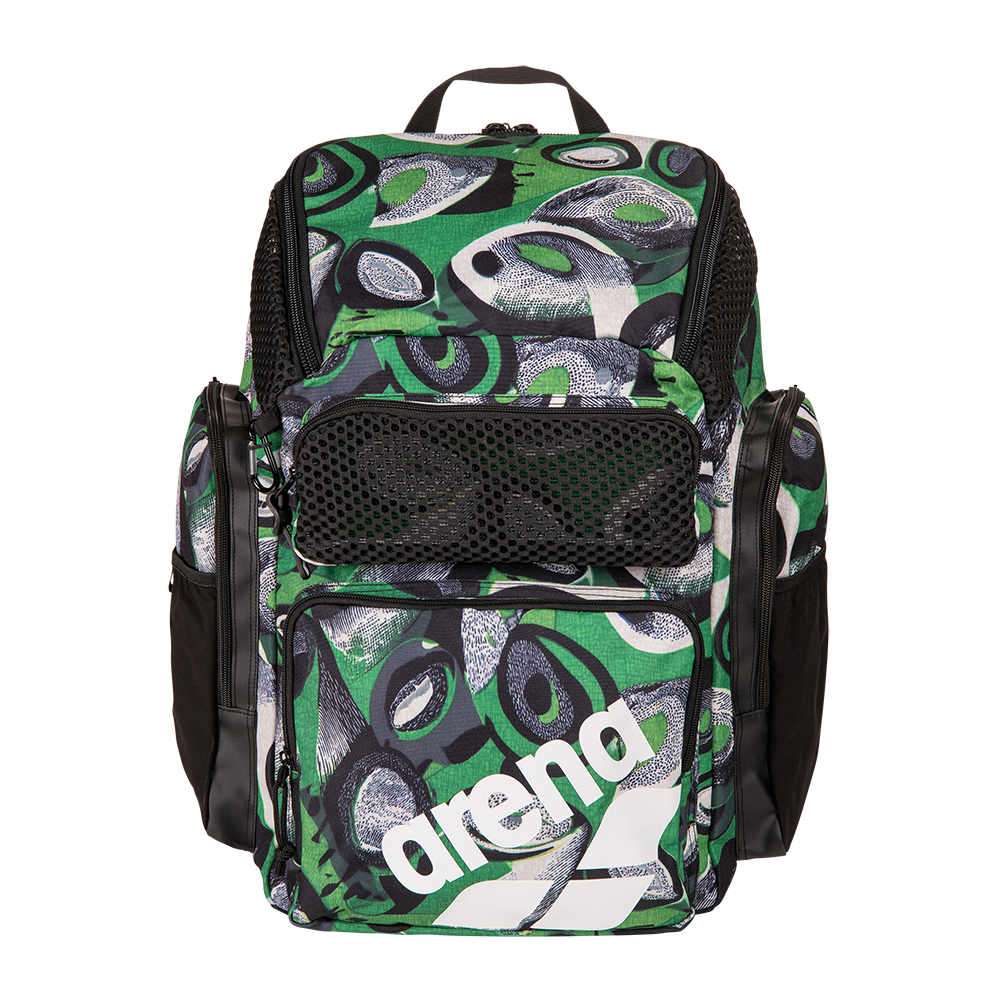 arena Kentre backpack green and black patterned with arena logo on a white background