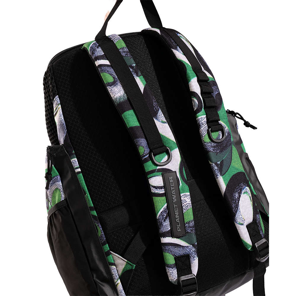 arena Kente backpack with green and black pattern on a white background