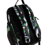 arena Kente backpack with green and black pattern on a white background