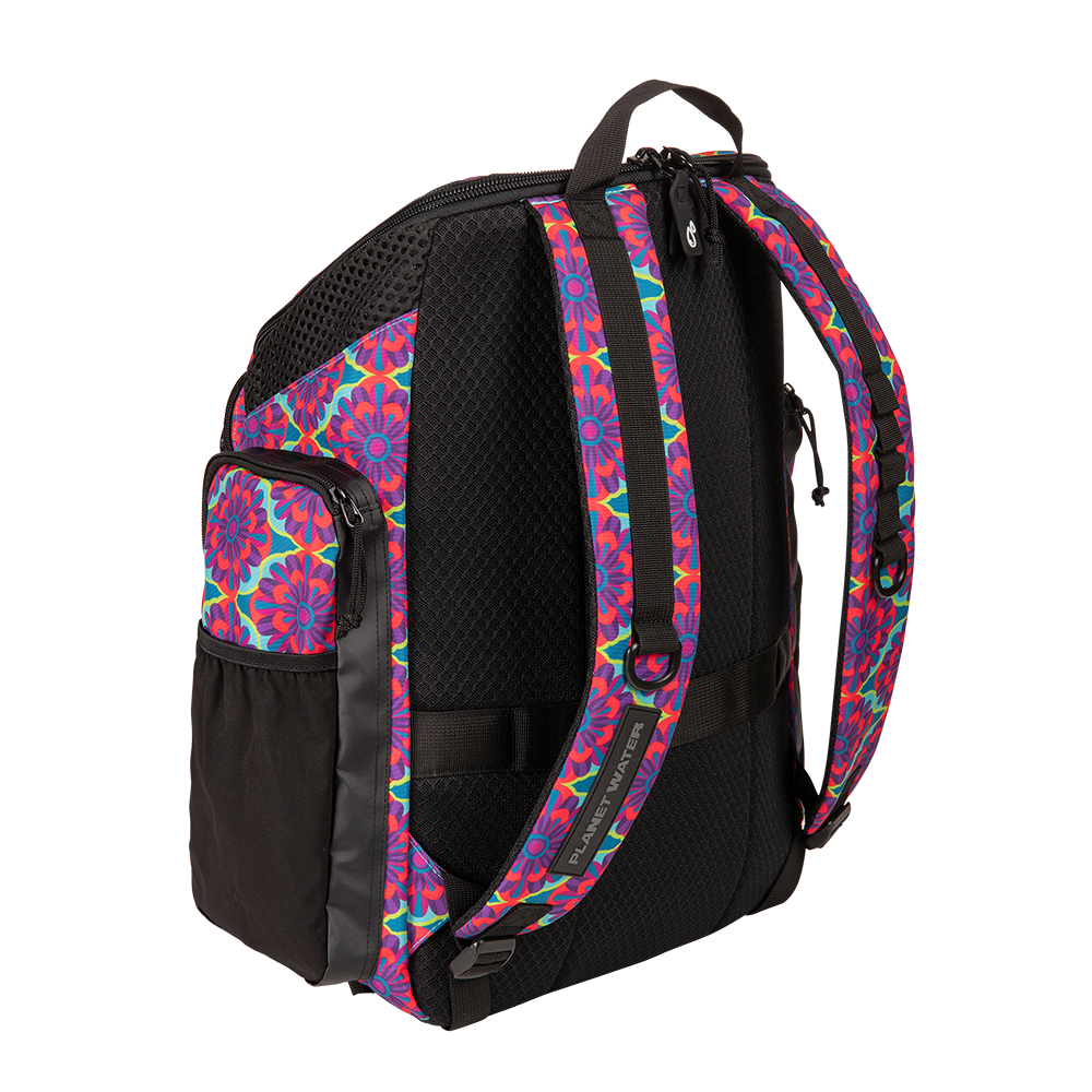 arena Floral backpack rear view showing straps and breathable mesh panel