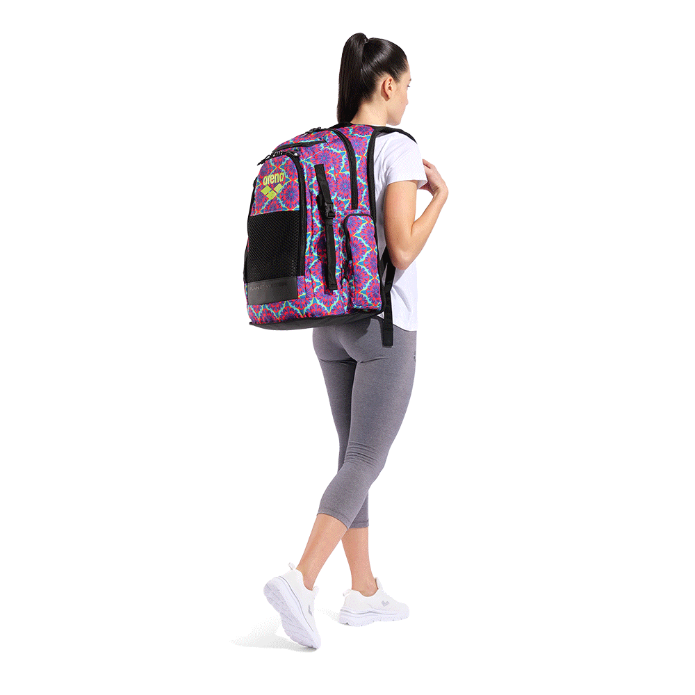Arena All Set Backpack 45 - Floral on a woman's back