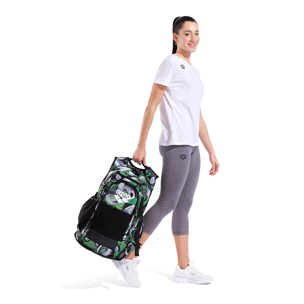 Arena All Set Backpack 45 - Kente being carried by top handle