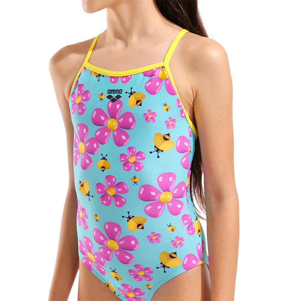 Arena Girl's Spring Pink & Blue Swimsuit close up showing pink flower and bee design