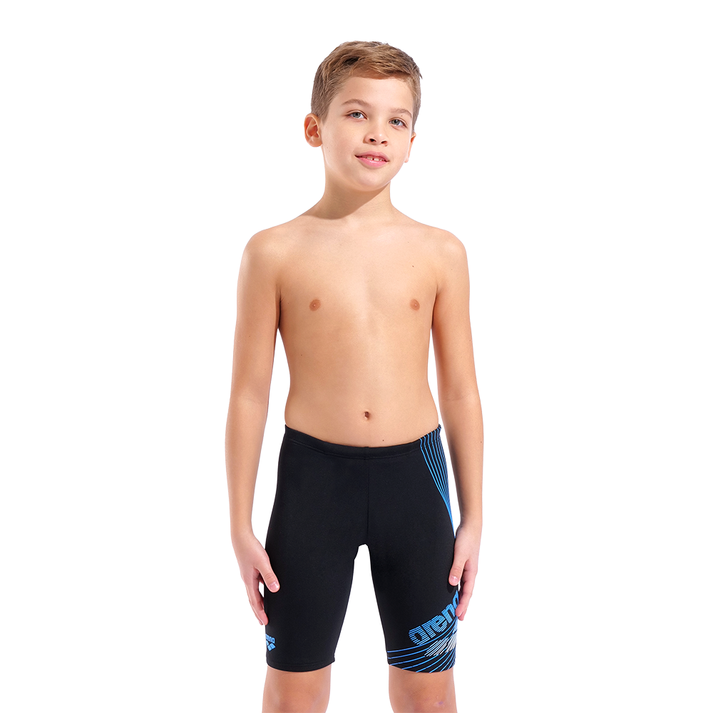 Arena Boy's Design Black Jammer front view showing turquoise line pattern