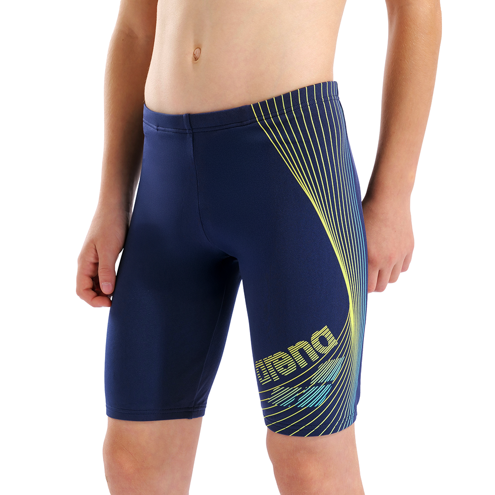 Arena Boy's Design Blue Jammer close up showing yellow line patterns and arena logo