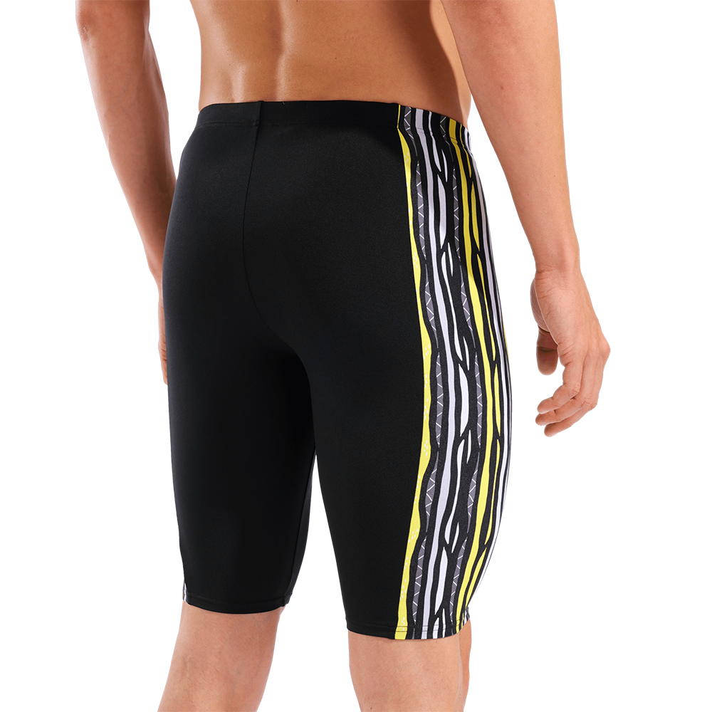 Arena Stripes Black Jammer close up rear view showing yellow, grey and white patterned side panel and 45cm side sea