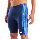 Arena Stripes Navy Jammer close up of front showing patterned side pael