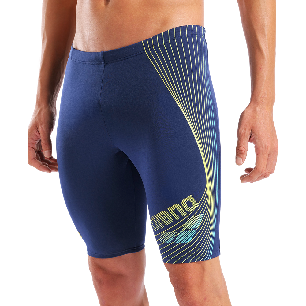 Arena Design Navy Jammer. Blue athletic shorts with yellow accents on a white background