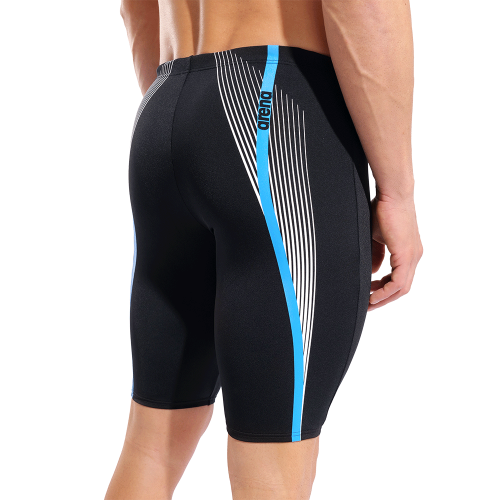 Arena Dynamic Black Jammer close up of rear an side showing stylish white and blue line design and 45m side seam