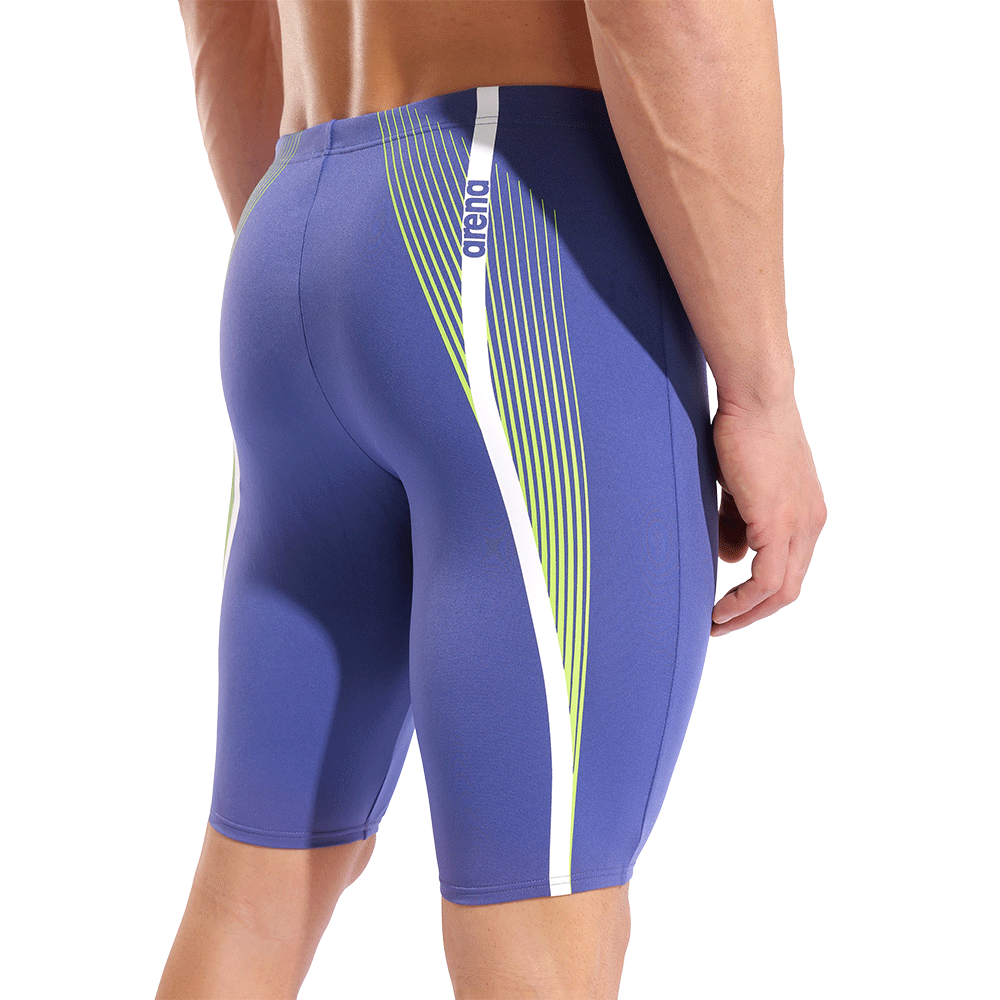 Arena Dynamic Dusk Blue Jammer close up of back and side showing lime green and white stripe design and 45cm side seam