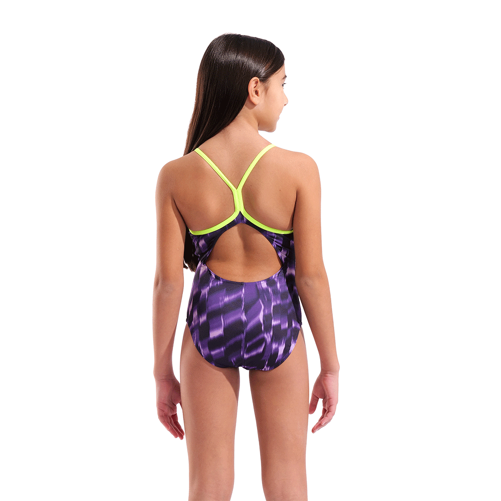 Arena Girls Wave Purple Swimsuit back view showing arctic lime green trim and straps