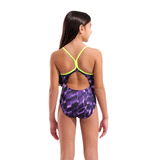 Arena Girls Wave Purple Swimsuit back view showing arctic lime green trim and straps