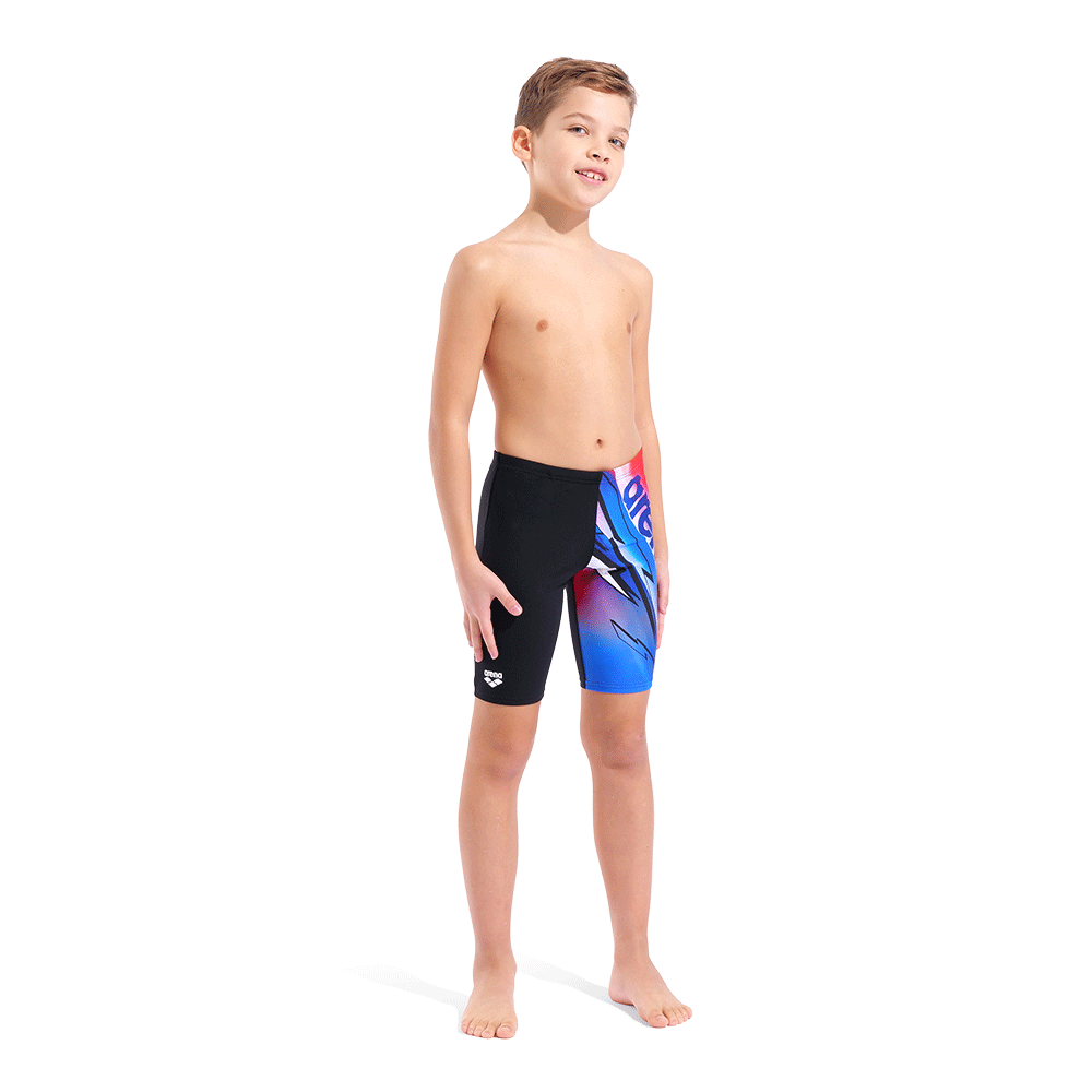 Arena Boy's Jammer - Black Loud whole body image showing plain right leg and patterned right leg