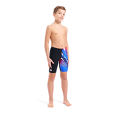 Arena Boy's Jammer - Black Loud whole body image showing plain right leg and patterned right leg