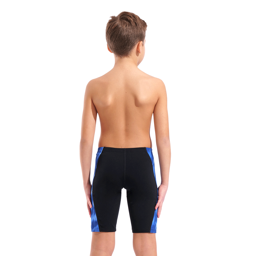 Arena Boy's Wave Jammer - Black / Blue back view showing plain back panel and patterned sides