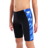 Arena Boy's Wave Jammer - Black / Blue close up showing patterned side panel and 36cm side seam