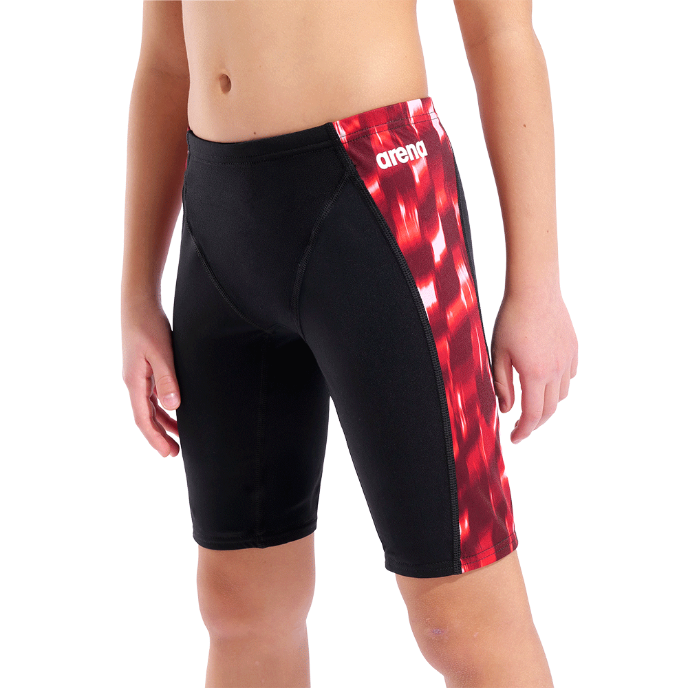 Arena Boy's Wave Jammer - Black / Red close up showing plain black front panel and red and white patterned side panels