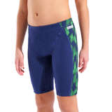 Arena Boy's Wave Jammer - Navy / Green close up showing plain navy font and green and blue patterned side panel down the outside of the thigh