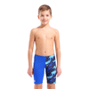 Arena Crowded Boy's Jammer image showing plain right leg in neon blue and left leg patterned with arena name in light blue and black