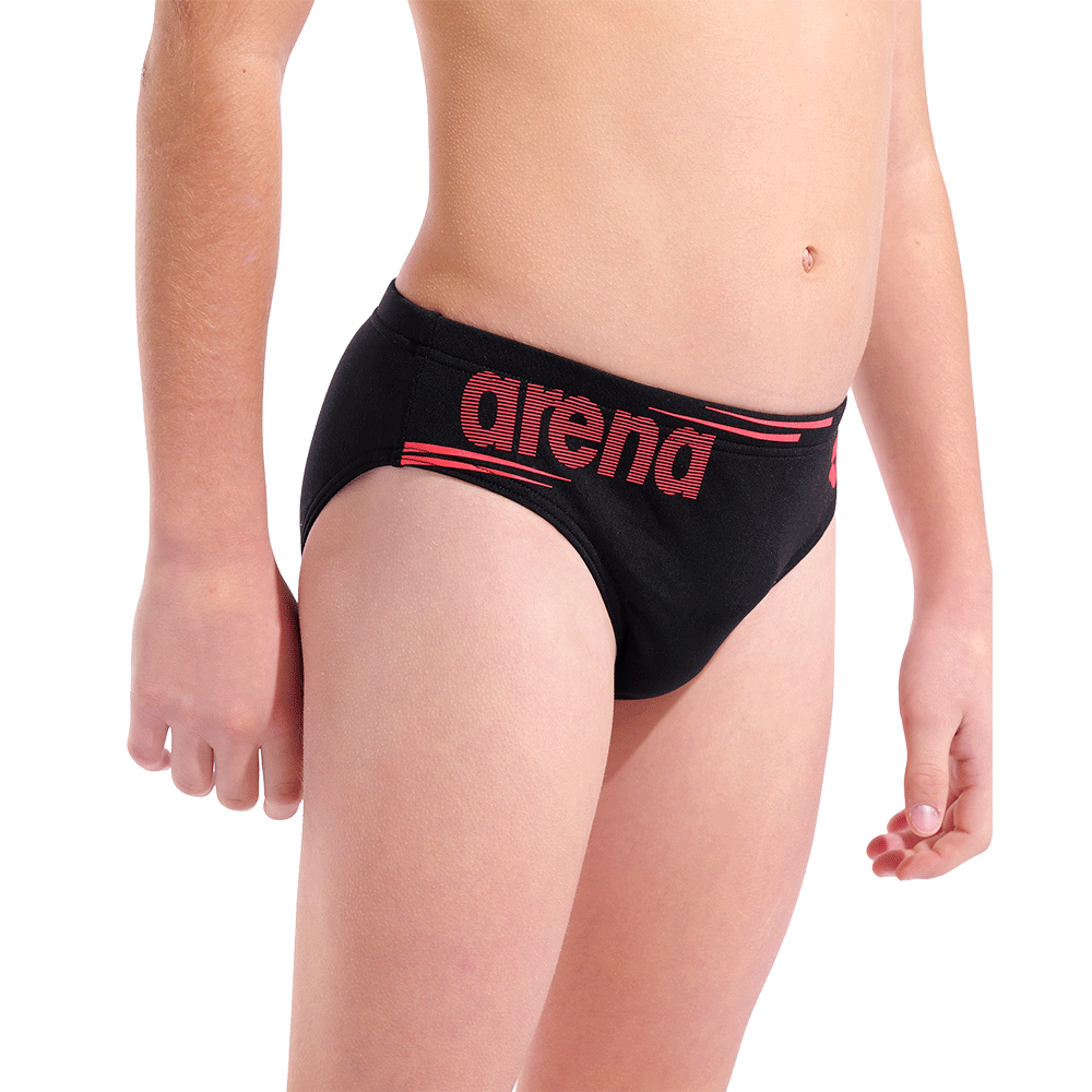 Arena Boy's Bold Brief close up of front showing 5.5cm side seam and arena name in bright coral