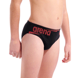 Arena Boy's Bold Brief close up of front showing 5.5cm side seam and arena name in bright coral