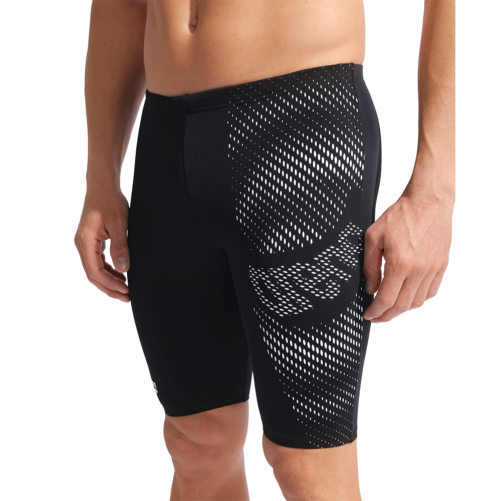 Arena Distortion Black Jammer close up of front showing white on black design and 45cm side seam