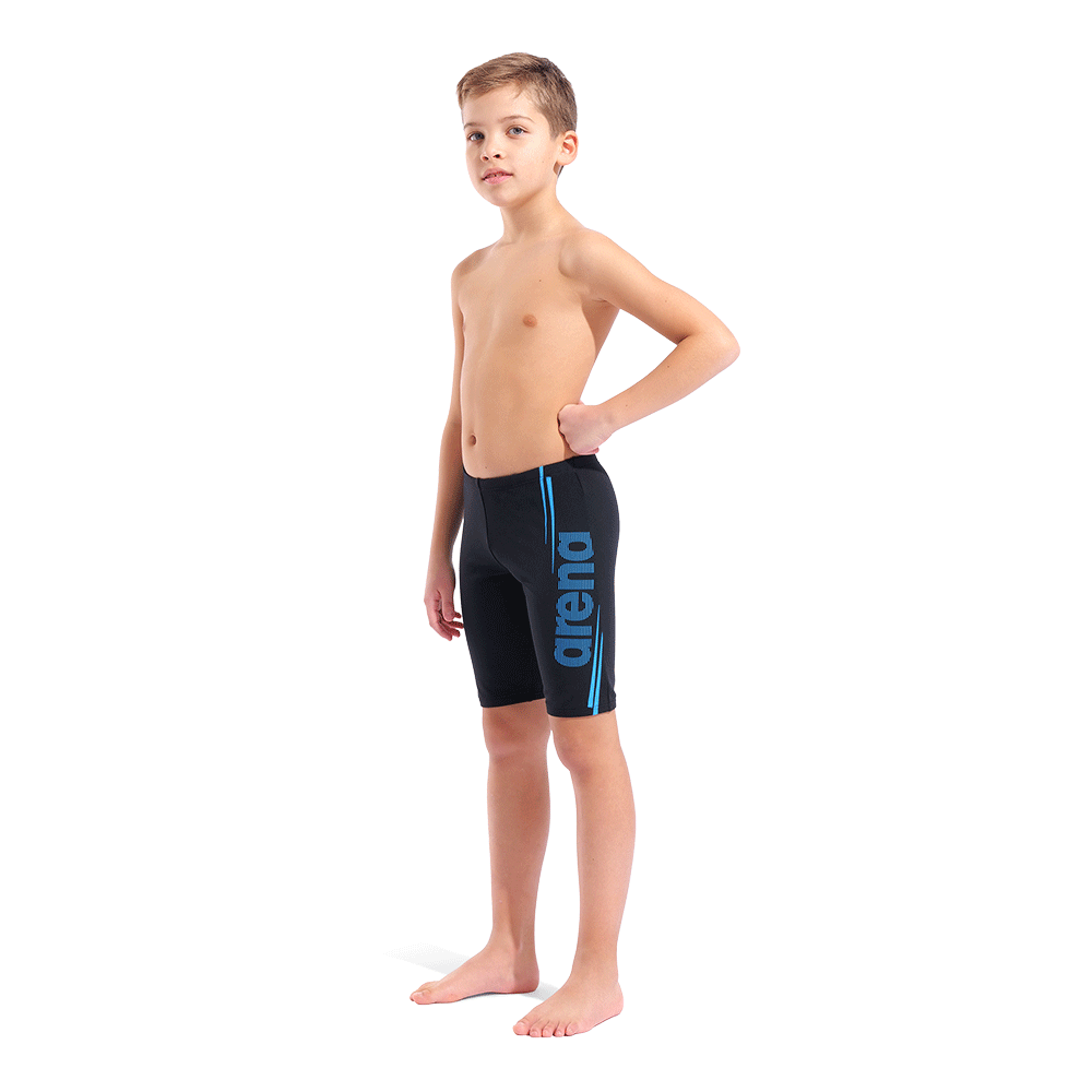 Arena Boy's Bold Jammer - Black / Turquoise whole body view showing 36cm side seam