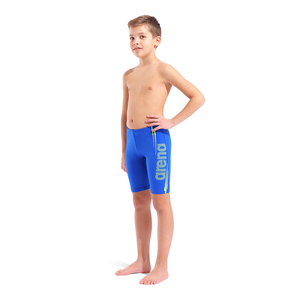 Arena Boy's Bold Jammer - Neon Blue / Lime whole body view showing lime detailing and 36cm side seam