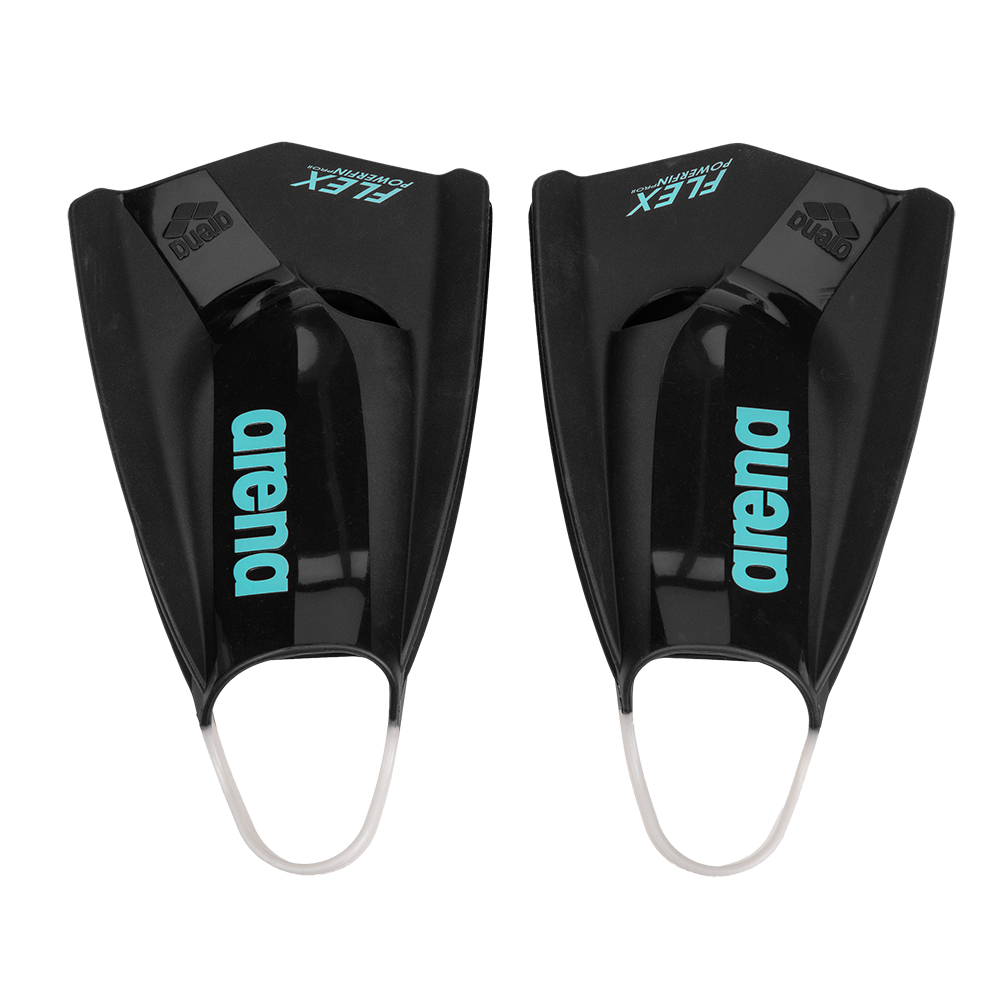 A pair of Arena Powerfin Pro II Flex - Black showing white heel strap and turquoise arena branding