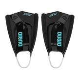 A pair of Arena Powerfin Pro II Flex - Black showing white heel strap and turquoise arena branding