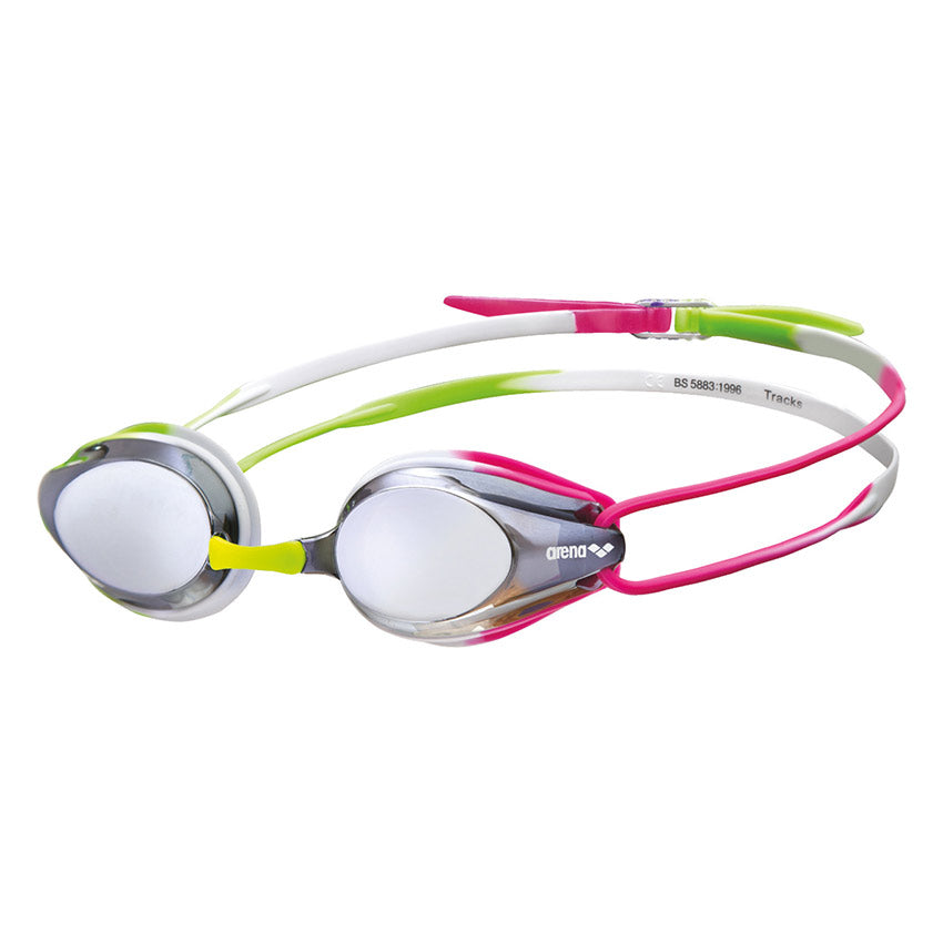 Arena Silver Green Pink Tracks Mirror Racing Goggles